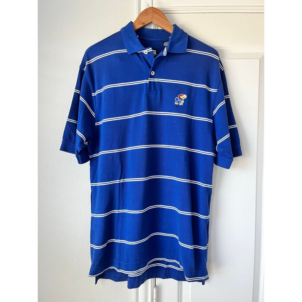 Vintage University of Kansas Crable Sportswear Blue/White Striped Polo Mens MED